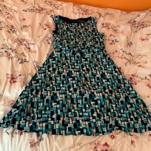 Turquoise, blue and white flowy dress.